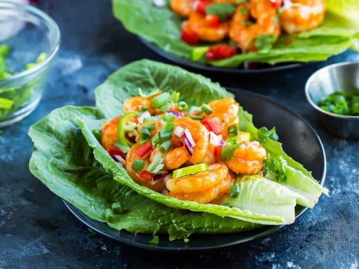Buffalo Shrimp Lettuce Wrap Tacos by Peas and Crayons