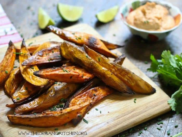 Easy Baked Sweet Potato Wedges with Chipotle Cashew Lime Dip by The Organic Kitchen